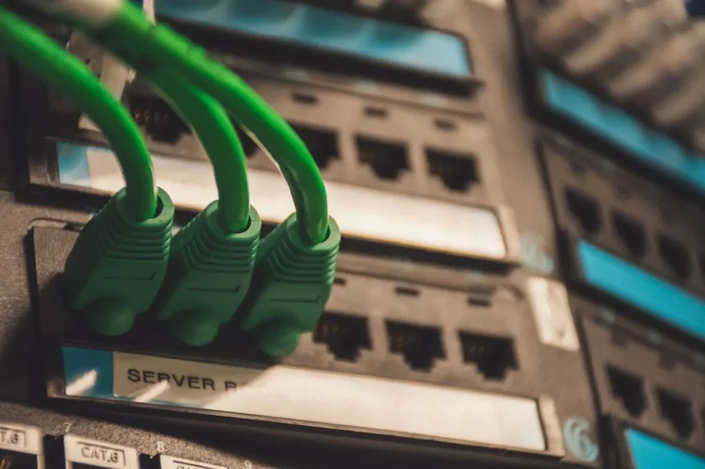 Cables de red conectados a un panel de puertos